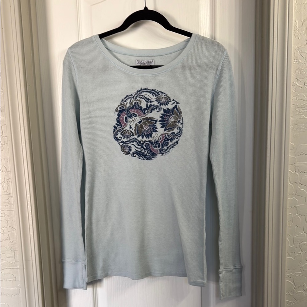 Lucky Brand Long Sleeve Thermal Top (Light Blue Floral Mandala)  Women’s Size L